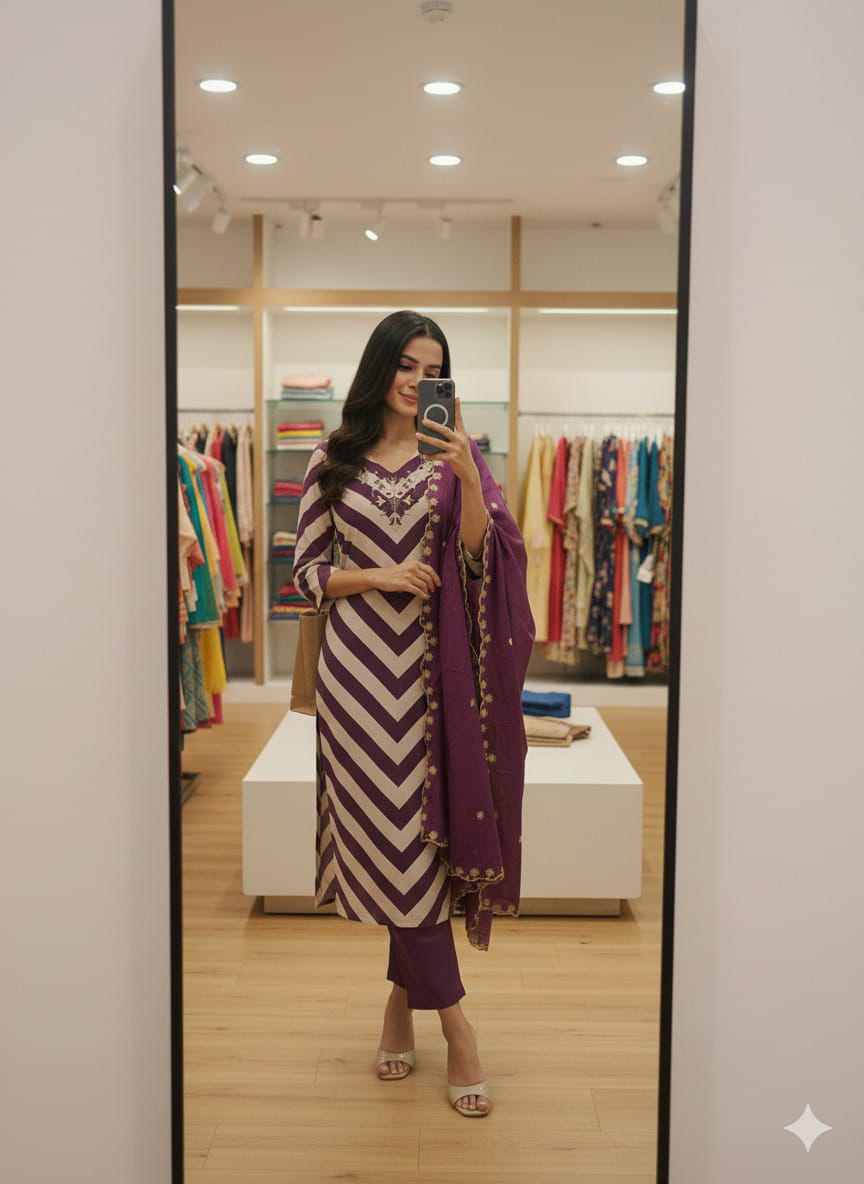 Wine premium Chanderi designer suit set with full handwork front view - WishTown Fashion Club