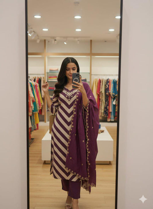 Wine premium Chanderi designer suit set with full handwork front view - WishTown Fashion Club