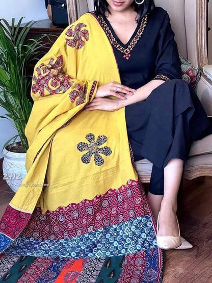 Black designer cotton kurti 46 inch length elegant pose - WishTown Fashion Club