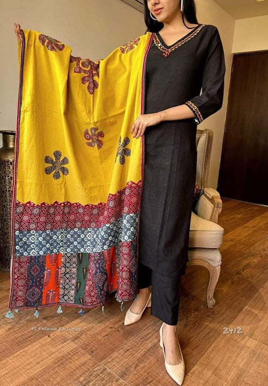 Black cotton embroidered kurti with pant and digital print dupatta front view - WishTown Fashion Club