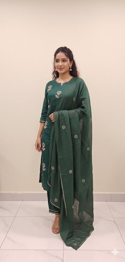 Green premium cotton embroidered straight kurti with pant and chanderi dupatta front view - WishTown Fashion Club