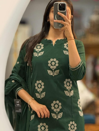 Green straight style long kurti set with hand block print chanderi dupatta full look - WishTown Fashion Club