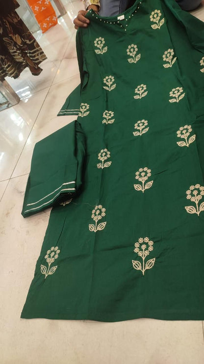 Green festive wear cotton suit with embroidered front and matching pants - WishTown Fashion Club