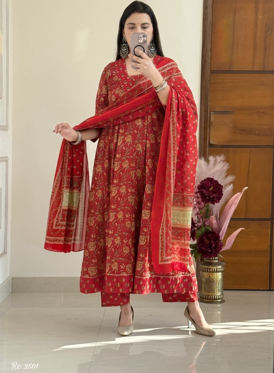 Red printed cotton Anarkali kurta set with hand aada embroidery front view - WishTown Fashion Club