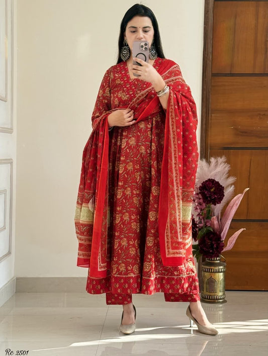 Red printed cotton Anarkali kurta set with hand aada embroidery front view - WishTown Fashion Club