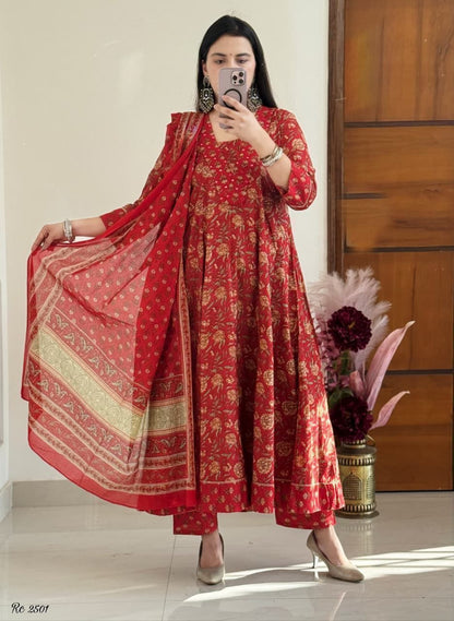 Red cotton Anarkali kurti with lace work detailing close up - WishTown Fashion Club