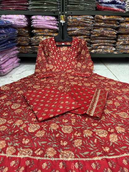 Red festive wear cotton Anarkali suit with 50 inch long kurti - WishTown Fashion Club