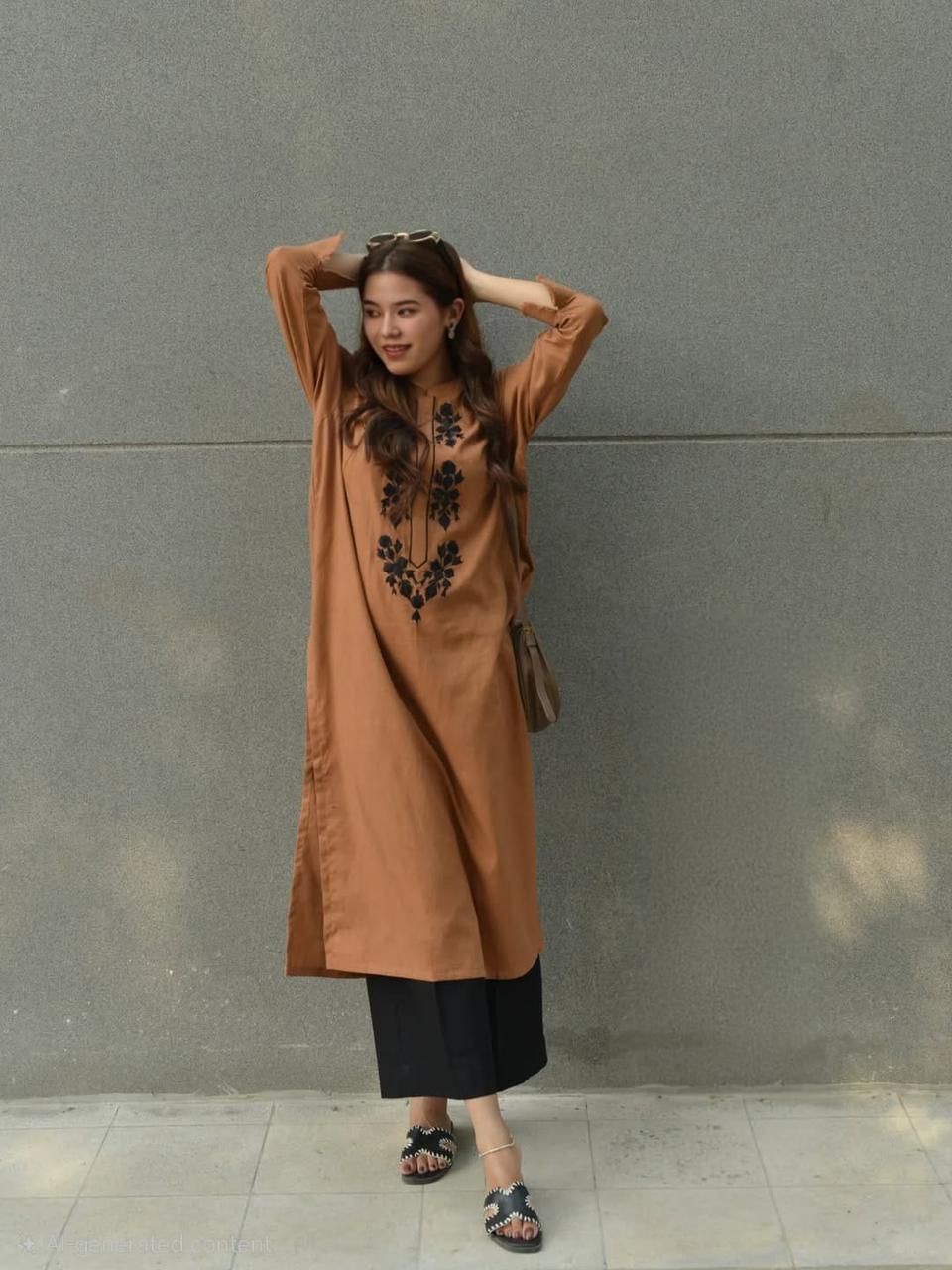 Brown premium cotton kurti set with full embroidery front view - WishTown Fashion Club