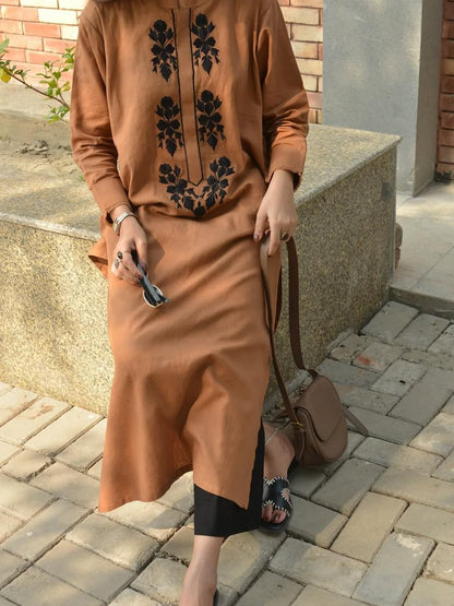 Brown smart ethnic kurti pant set full length look - WishTown Fashion Club
