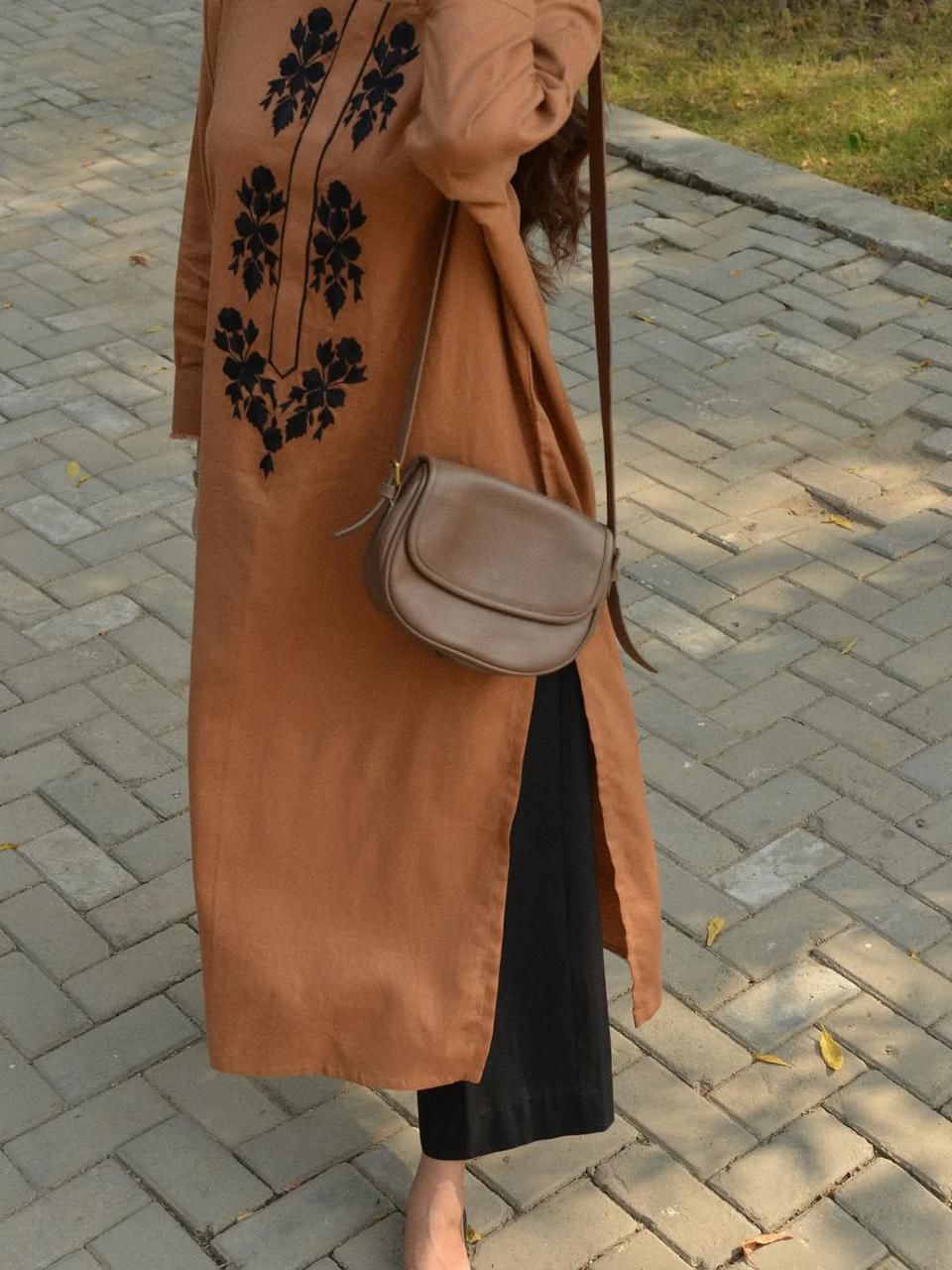 Brown office wear cotton kurti with 45 inch length stylish pose - WishTown Fashion Club
