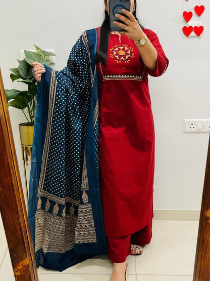 Red cotton embroidered kurti close up detailing image - WishTown Fashion Club