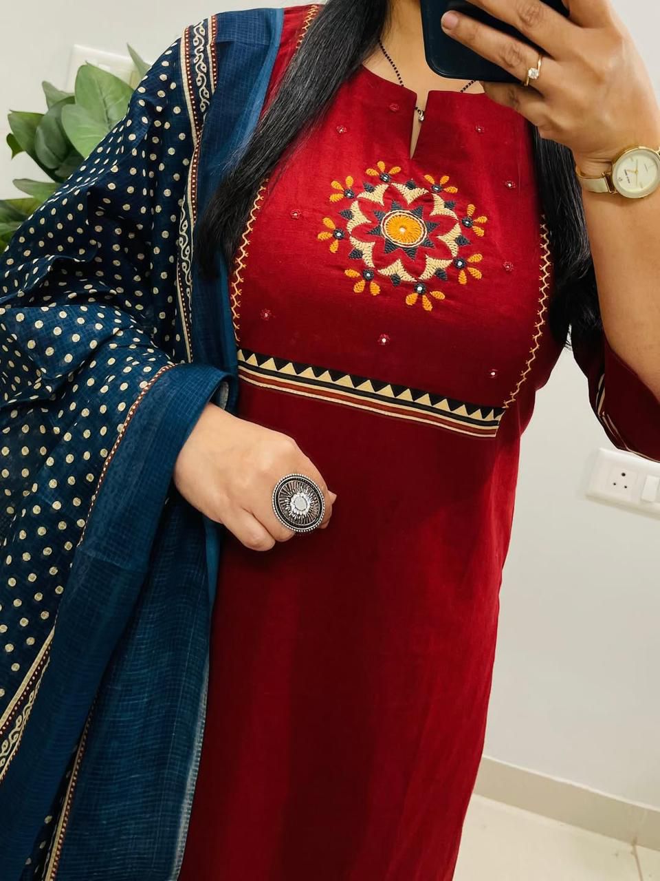 Red designer cotton kurti with 47 inch length and 39 inch pant - WishTown Fashion Club