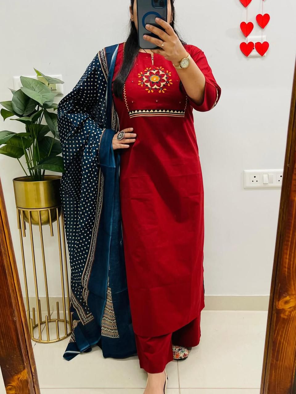 Red pure cotton printed kurti with pant and mulmul dupatta front view - WishTown Fashion Club