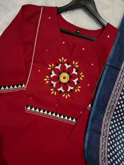 Red designer cotton kurti with 47 inch length and 39 inch pant - WishTown Fashion Club