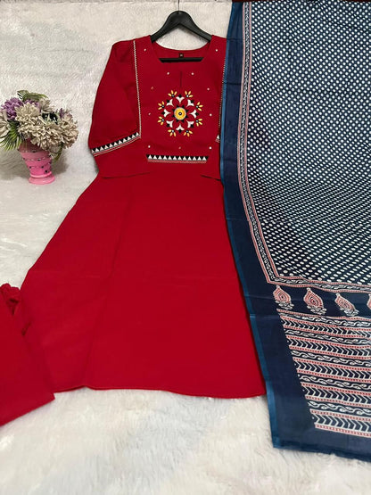 Red cotton embroidered kurti close up detailing image - WishTown Fashion Club