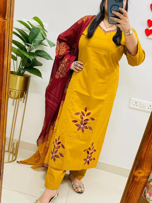 Yellow pure cotton kurti pant dupatta set with embroidery work front view - WishTown Fashion Club