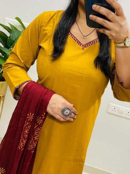 Yellow designer cotton kurti pant set traditional and modern style - WishTown Fashion Club