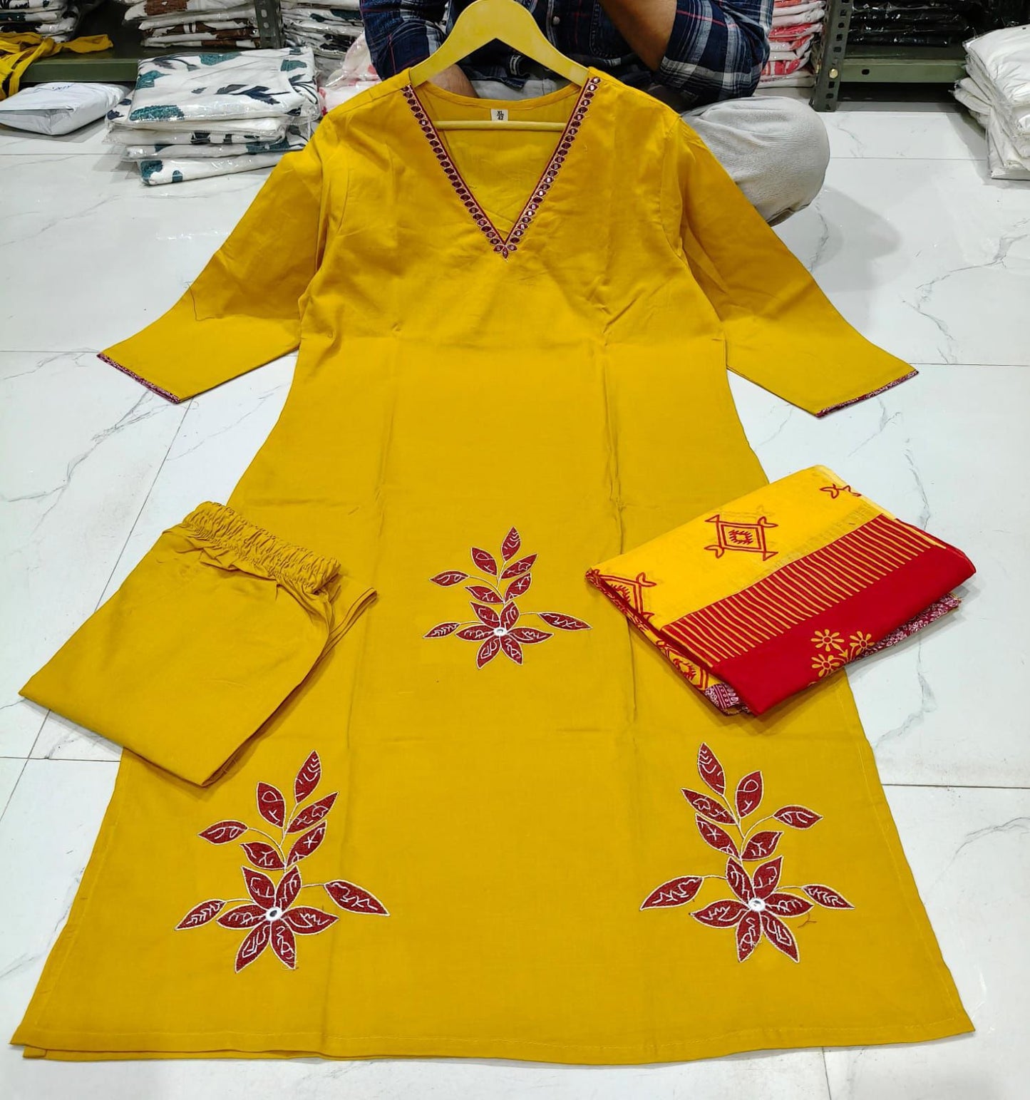 Yellow ethnic cotton kurti set with mul mul dupatta full length look - WishTown Fashion Club