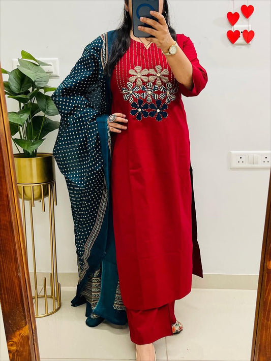Red pure cotton printed kurti with pant and mulmul dupatta front view - WishTown Fashion Club