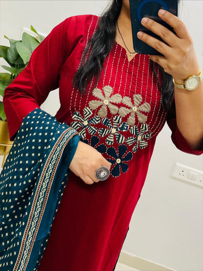 Red ethnic cotton kurti pant set full length look with printed dupatta - WishTown Fashion Club