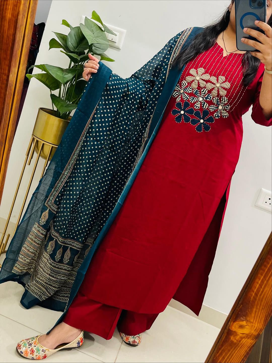 Red designer cotton kurti set with 47 inch length stylish pose - WishTown Fashion Club