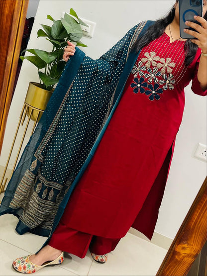 Red designer cotton kurti set with 47 inch length stylish pose - WishTown Fashion Club