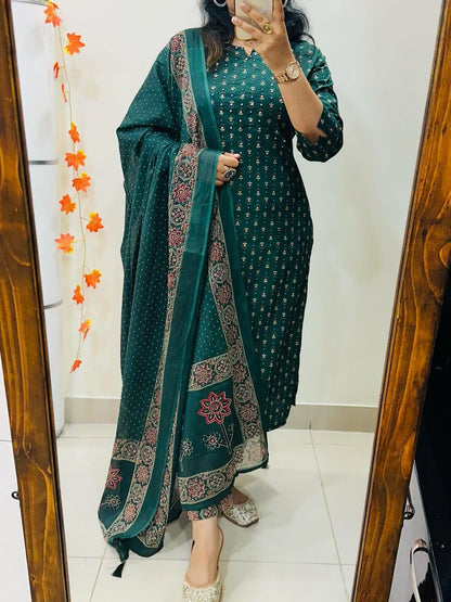 Green pure cotton kurti pant dupatta set with hand work front view - WishTown Fashion Club
