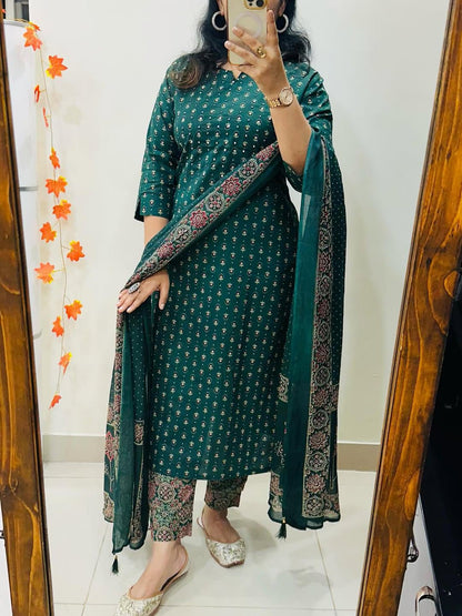 Green ethnic suit set with mul mul dupatta full length look - WishTown Fashion Club