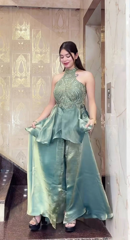 Teal designer sharara plazzo set elegant festive outfit full length - WishTown Fashion Club