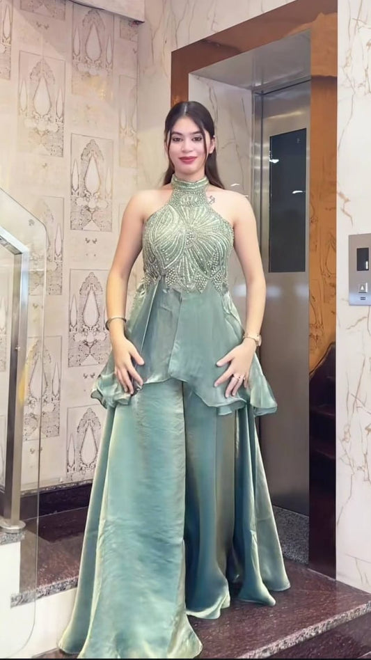 Teal heavy Fandy silk full neck top with bead and moti hand work front look - WishTown Fashion Club