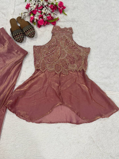 Dusty rose festive wear top and sharara fully stitched ethnic set - WishTown Fashion Club
