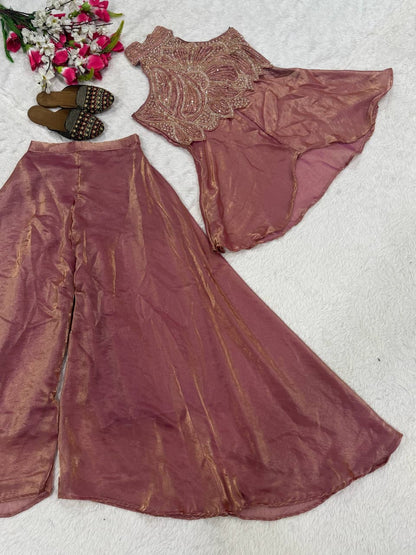 Dusty rose heavy silk sharara plazzo with micro cotton lining side view - WishTown Fashion Club