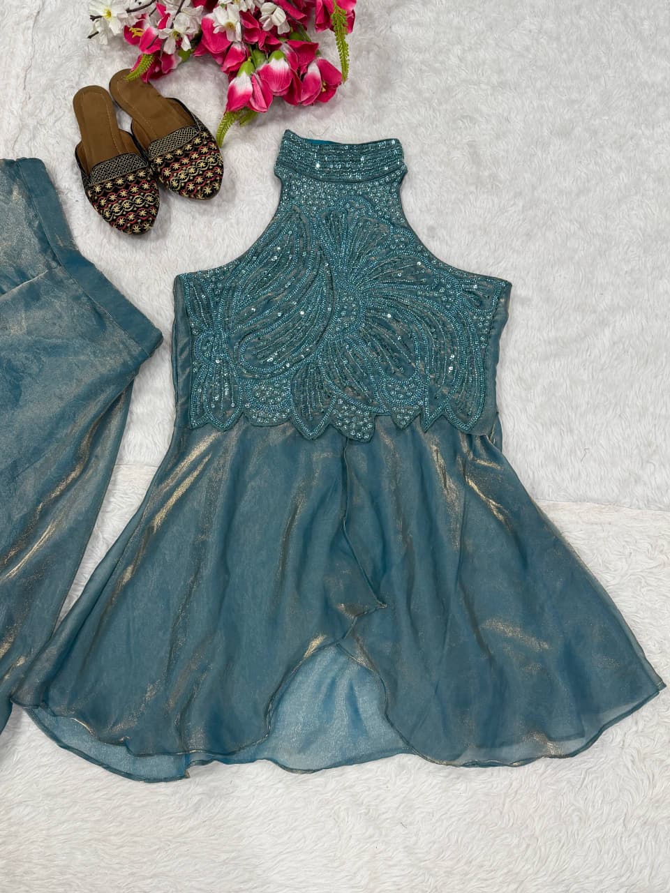 Teal boutique collection Fandy silk top and sharara stylish pose - WishTown Fashion Club