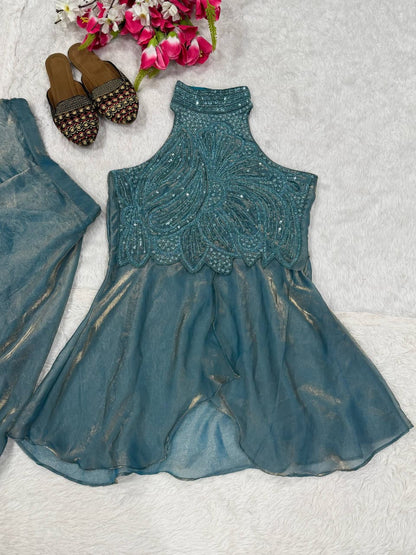 Teal boutique collection Fandy silk top and sharara stylish pose - WishTown Fashion Club