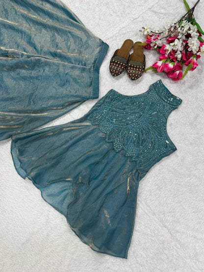 Teal premium silk ethnic set with heavy embroidery detailing close up - WishTown Fashion Club