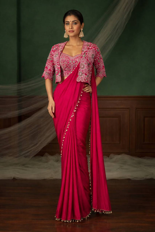 Dark pink heavy crepe silk ready to wear saree with lace border front view - WishTown Fashion Club
