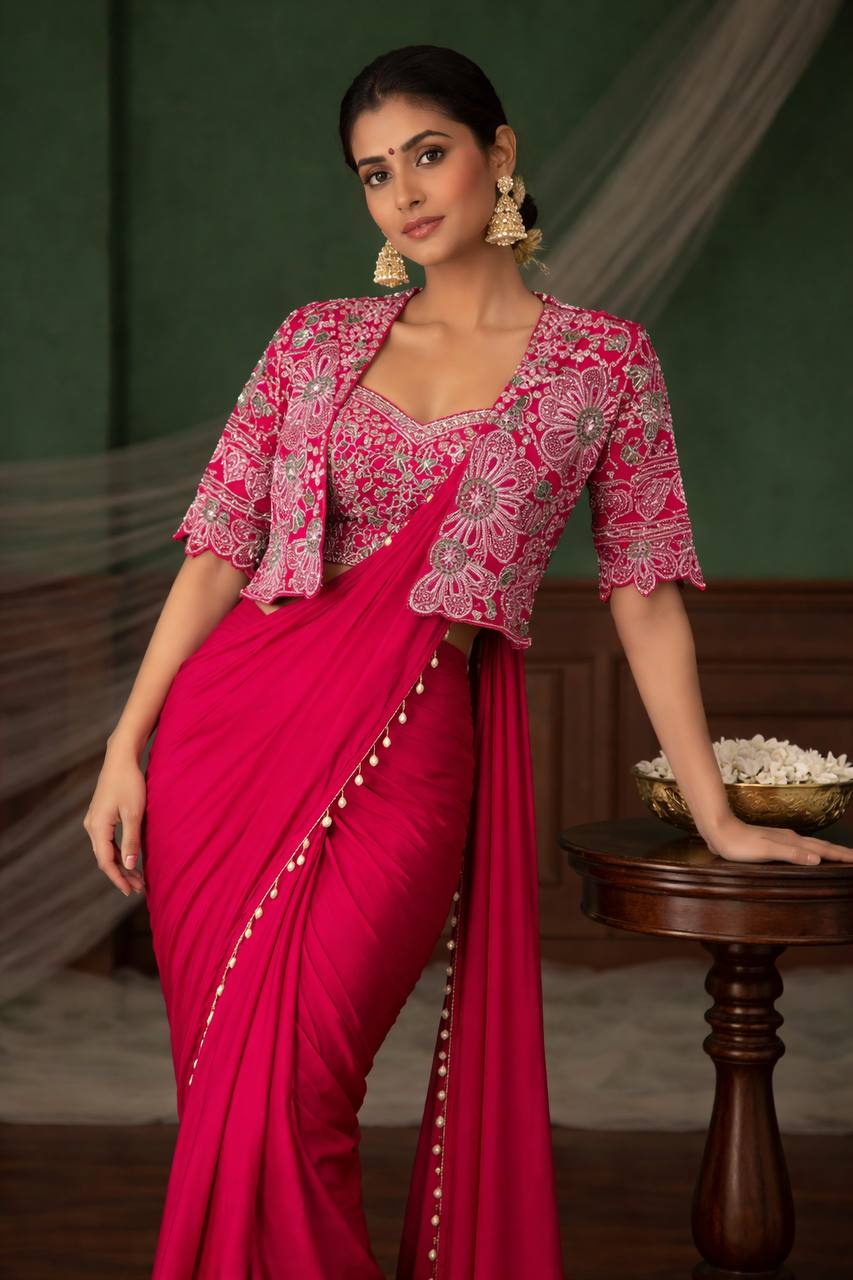 Dark pink designer saree with embroidered sequence jacket full length look - WishTown Fashion Club