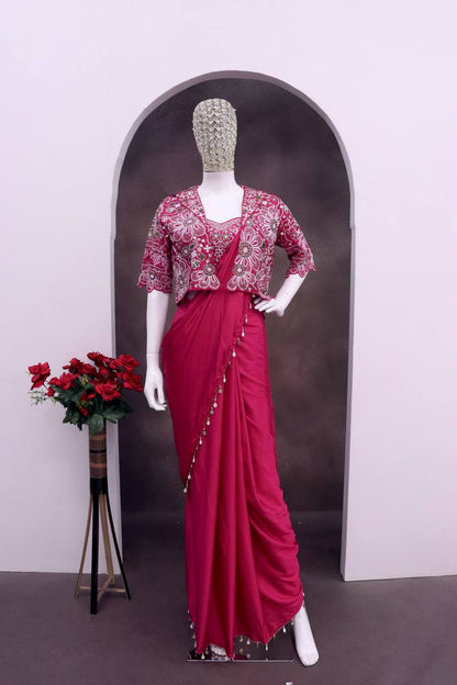Dark pink premium crepe silk saree with multi thread work blouse - WishTown Fashion Club