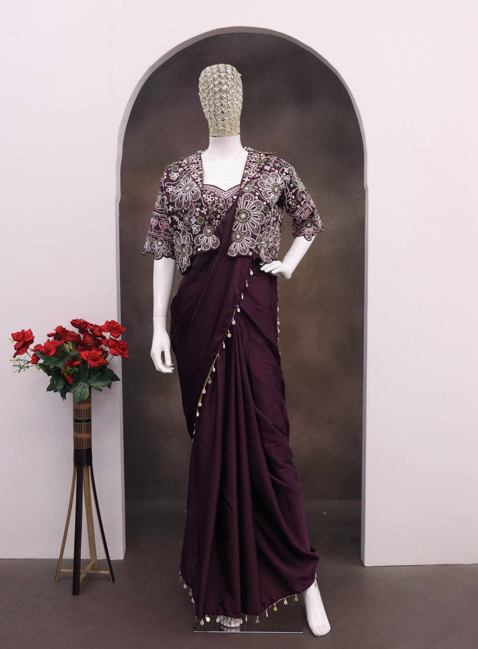 White ready pleated saree elegant wedding party wear style - WishTown Fashion Club