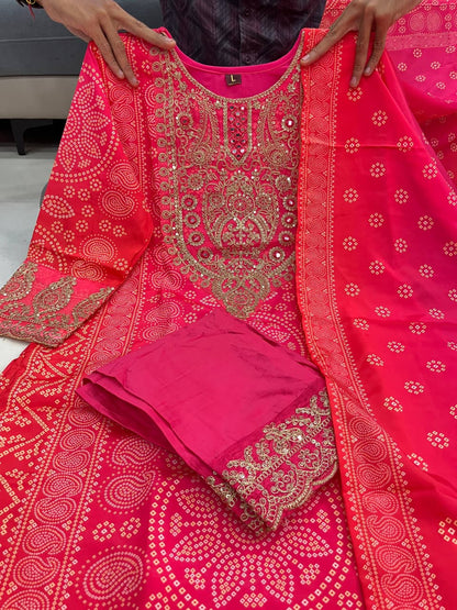 Dark pink party wear silk suit set with embroidered kurta and matching dupatta - WishTown Fashion Club