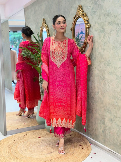 Dark pink traditional silk suit set with Maharaja silk pant and elegant embroidery - WishTown Fashion Club