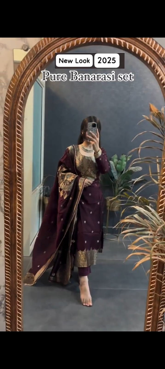 Wine pure Banarasi suit set with jacquard weaving and zari work elegant ethnic outfit - WishTown Fashion Club