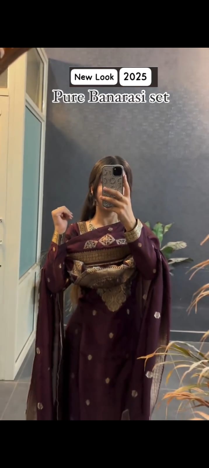 Wine Banarasi top with matching bottom and zari jacquard dupatta festive suit set - WishTown Fashion Club