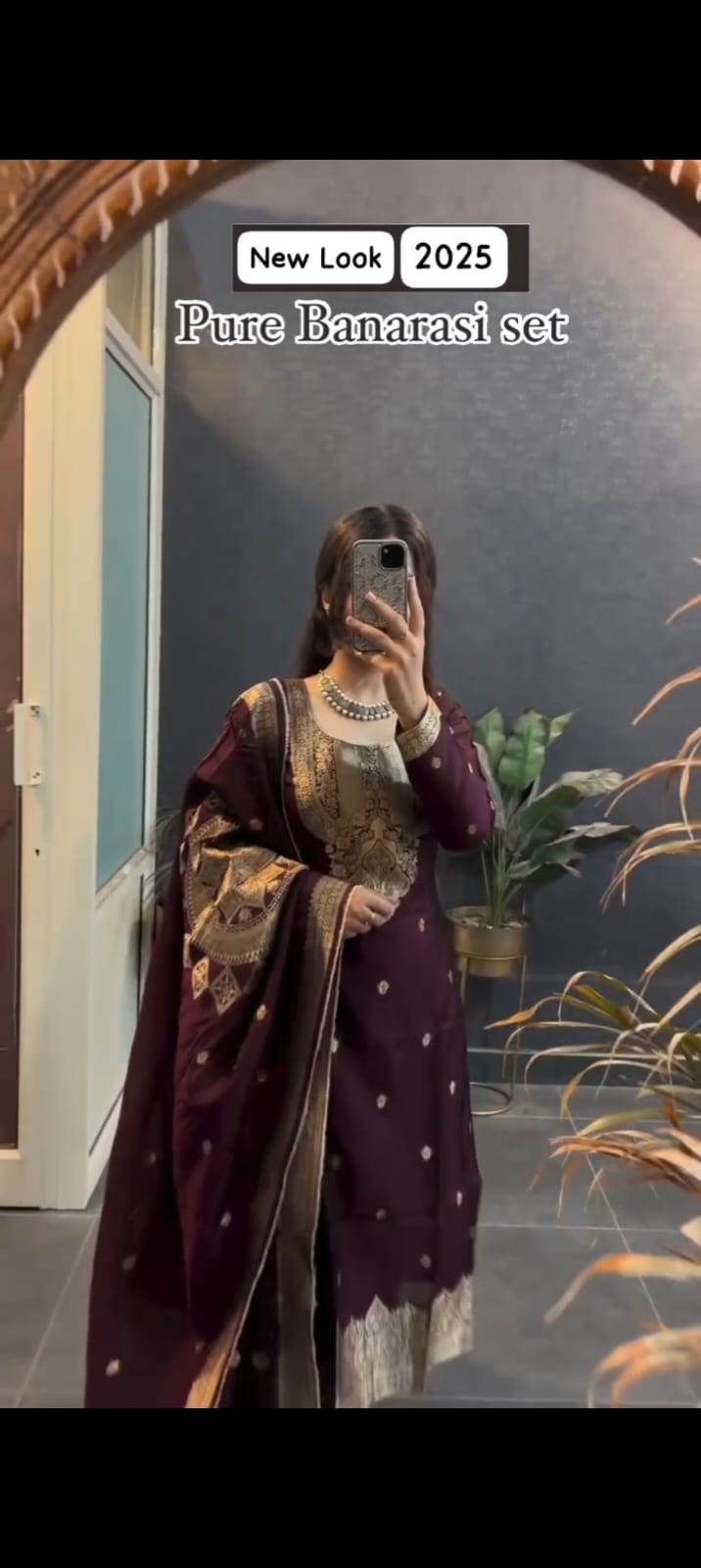 Wine designer Banarasi suit set with decorative prints and traditional jacquard weaving - WishTown Fashion Club