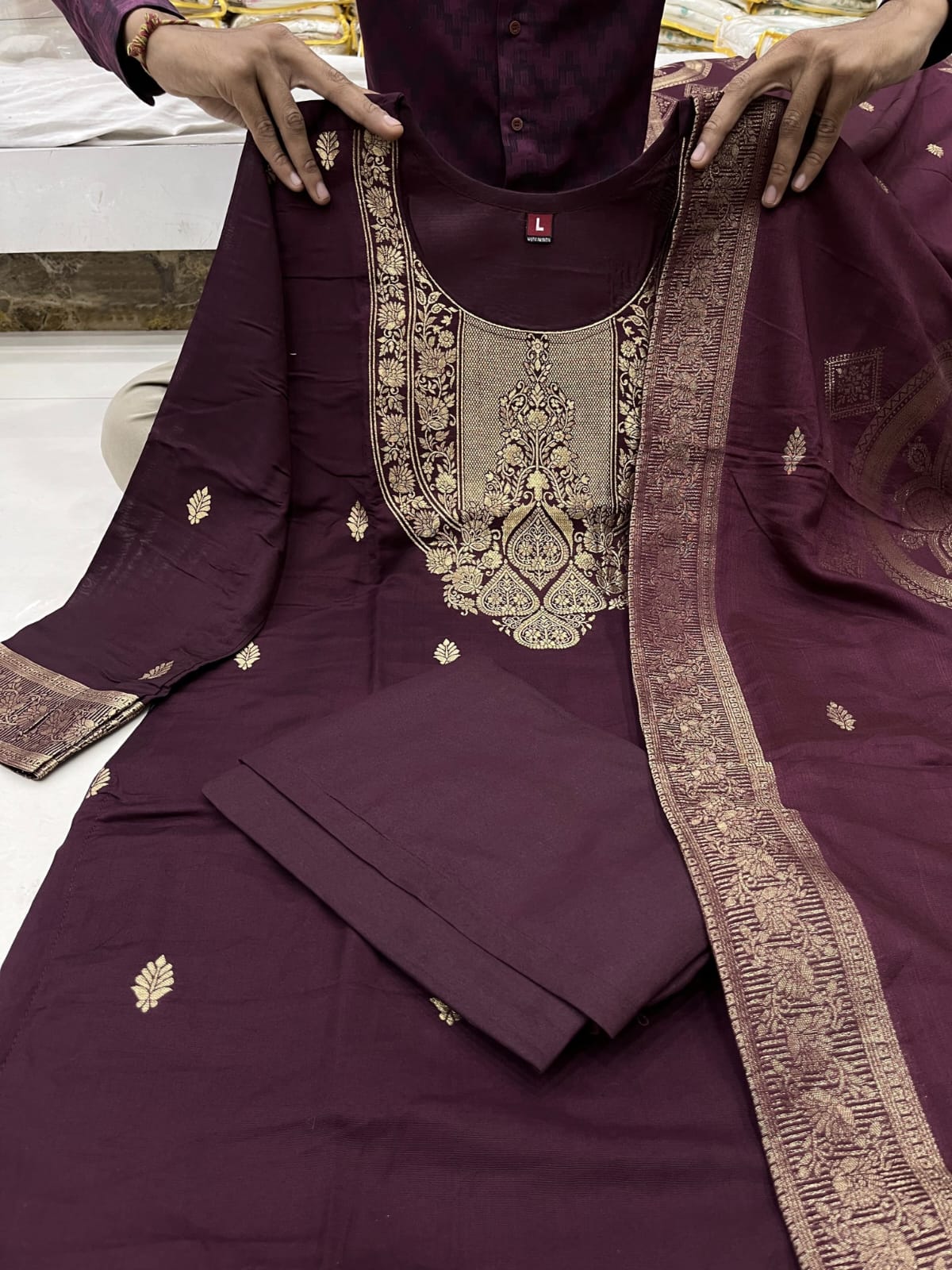 Wine traditional Banarasi suit set with rich jacquard weaving and ethnic style - WishTown Fashion Club
