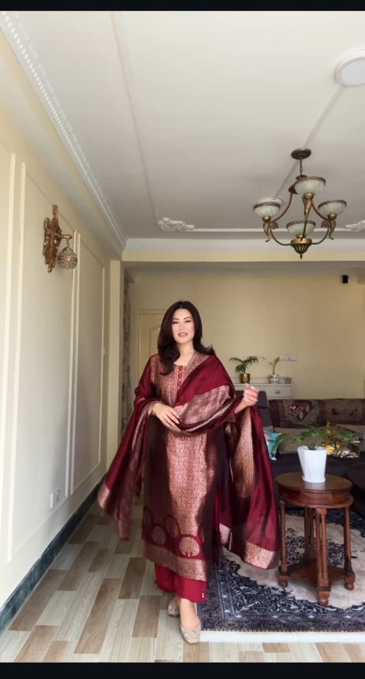 Maroon pure Banarasi suit set with jacquard weaving and zari work ethnic outfit front view - WishTown Fashion Club