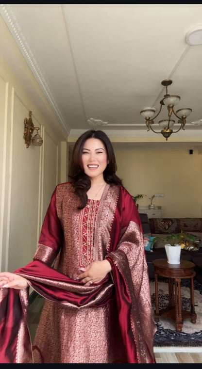 Maroon Banarasi top with matching pant and zari jacquard dupatta festive wear suit set - WishTown Fashion Club