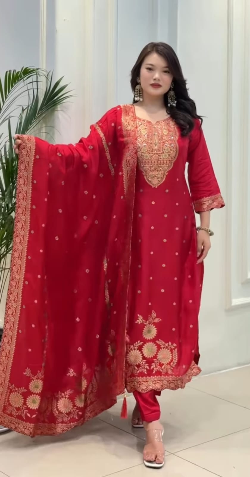 Red Banarasi suit set with jacquard weaving and hand zari neck work front view with dupatta - WishTown Fashion Club