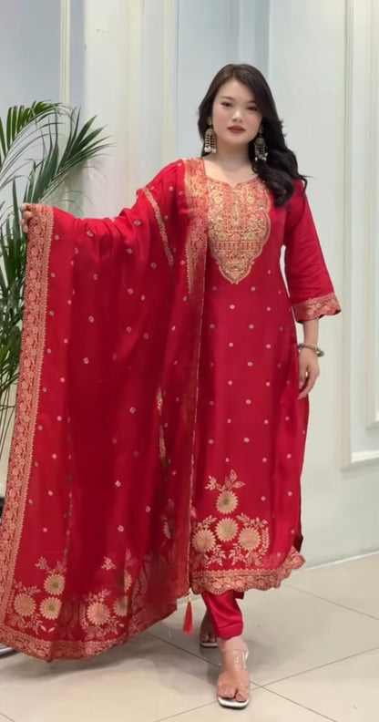 Red Banarasi suit set with jacquard weaving and hand zari neck work front view with dupatta - WishTown Fashion Club
