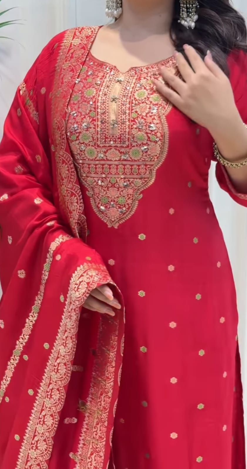 Red designer Banarasi suit set with detailed handwork neckline festive wear look - WishTown Fashion Club